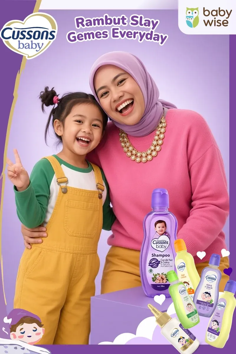 Foto AI Cussons Baby: ibu berhijab ungu dan anaknya tertawa di samping produk sampo