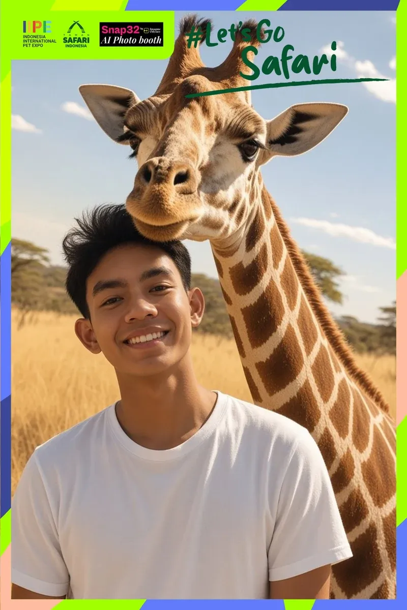 Foto AI di Indonesia International Pet Expo: pemuda berkaus putih bersama jerapah di sabana